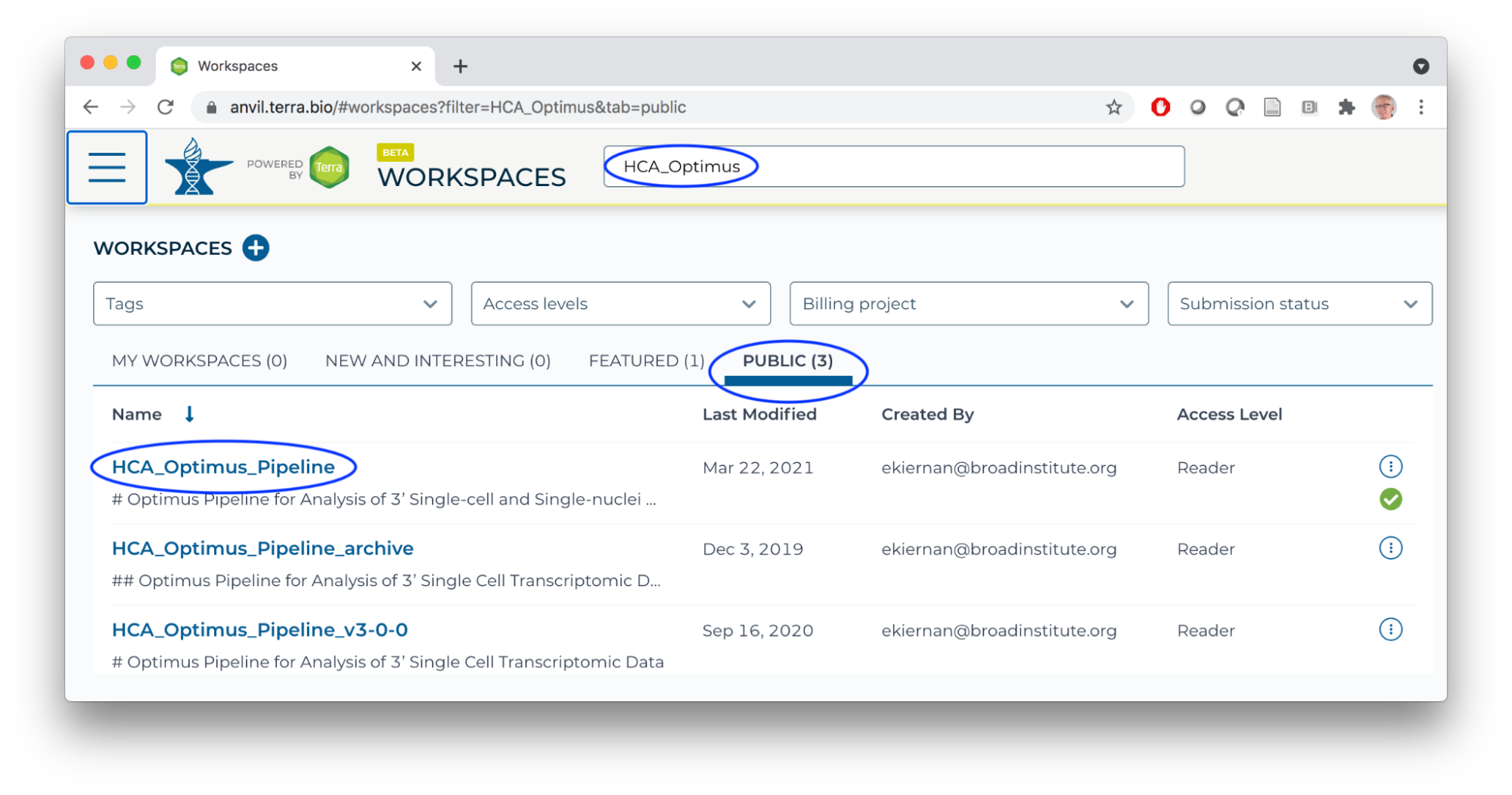 Navigate to the HCA Optimus Pipeline Workspace