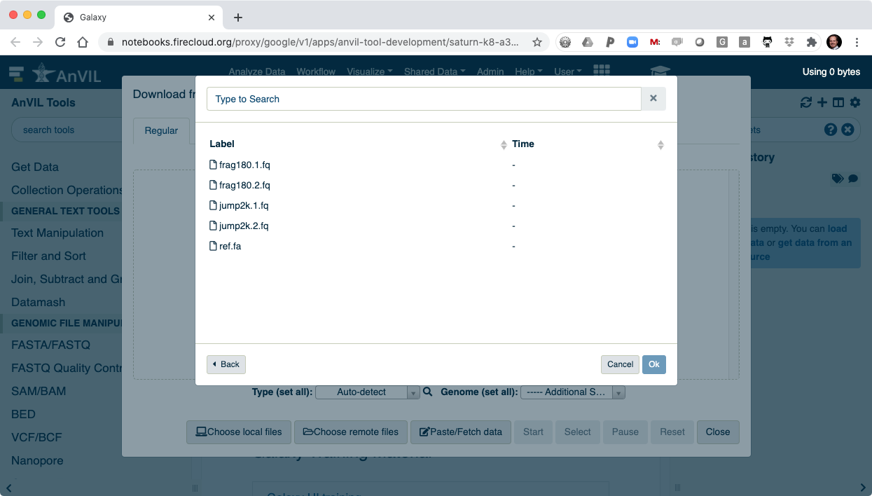 Browsing files in the AnVIL/Terra Workspace