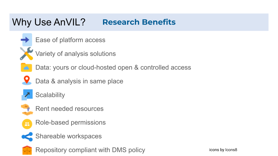 The research benefits for using the AnVIL include ease of platform access, variety of analysis solutions, data options, data and analysis in the same place, scalability, renting needed resources, role-based permissions, shareable workspaces, and being a repository compliant with DMS policy
