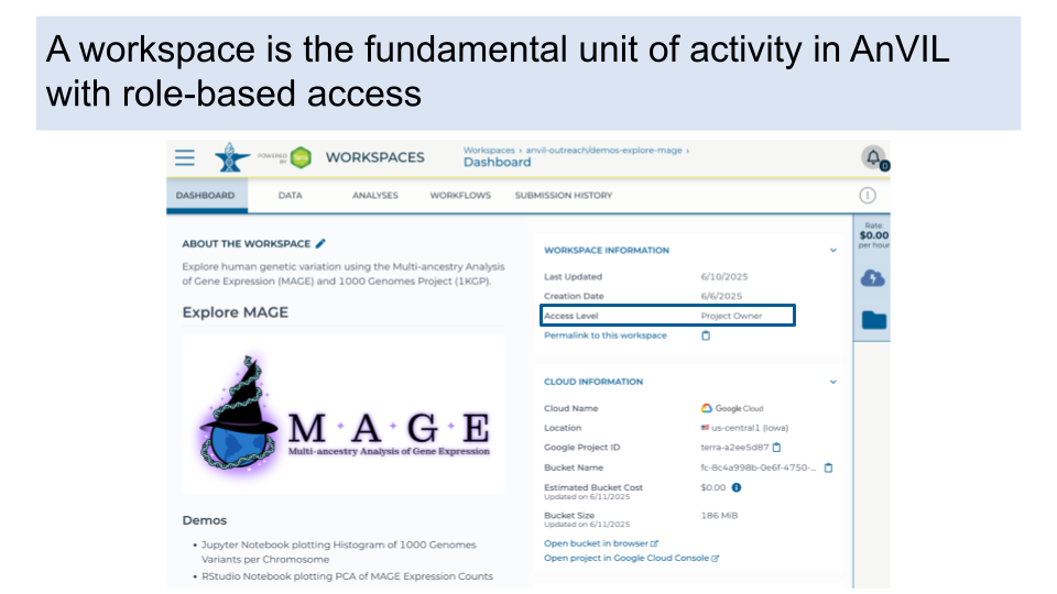 A workspace is the fundamental unit of activity in AnVIL with role-based access. An example workspace is shown with the access level or role highlighted